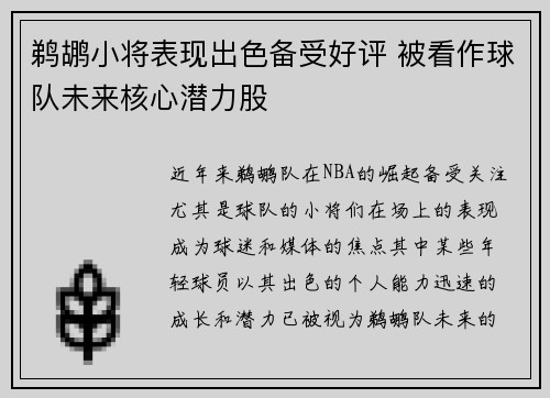 鹈鹕小将表现出色备受好评 被看作球队未来核心潜力股