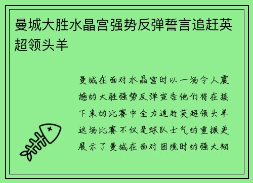 曼城大胜水晶宫强势反弹誓言追赶英超领头羊