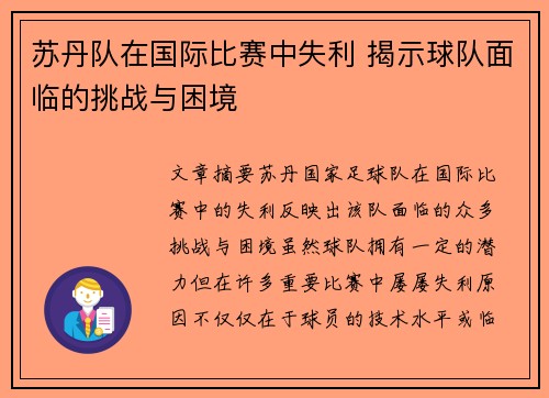 苏丹队在国际比赛中失利 揭示球队面临的挑战与困境