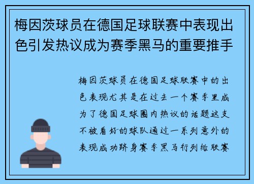 梅因茨球员在德国足球联赛中表现出色引发热议成为赛季黑马的重要推手